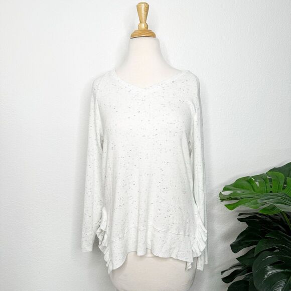 Anthropologie Postmark Gia Long Sweater White Blue Speckled Ruffle SMALL Soft - Picture 1 of 15
